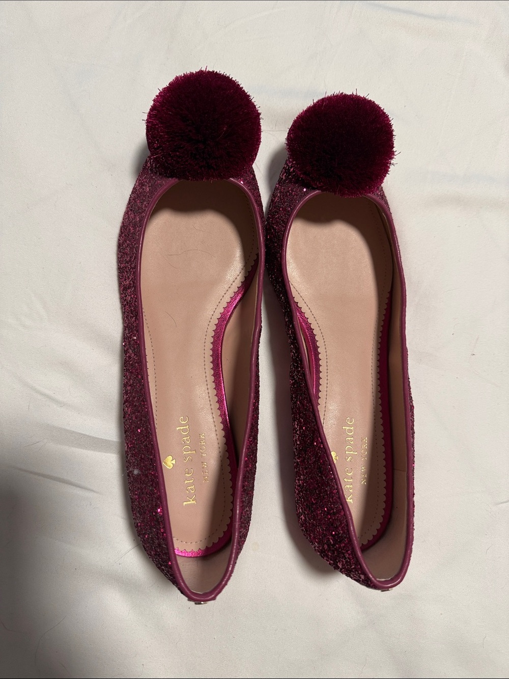 kate spade Wine Glitter Pom-Pom Ballet Flats